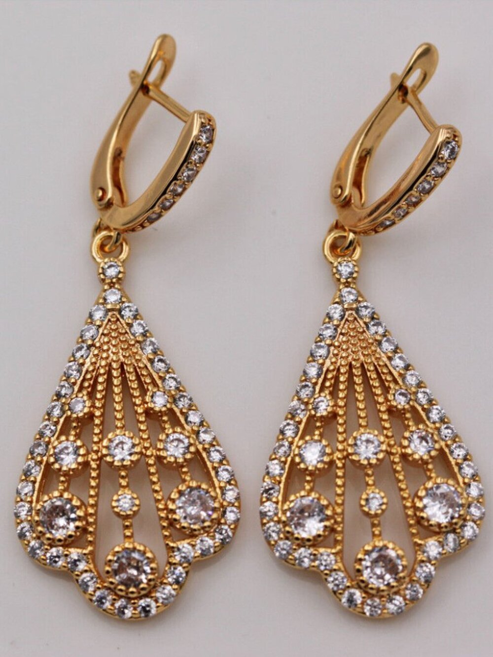 18K Yellow Gold Filled Filigree Teardrop White Diamond Zircon Dangle Earrings - Picture 2 of 4